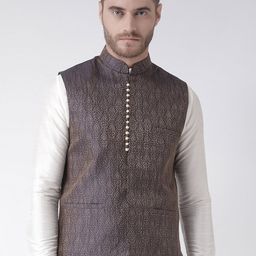 DEYANN Navy Blue Woven Design Nehru Jacket-picture-29