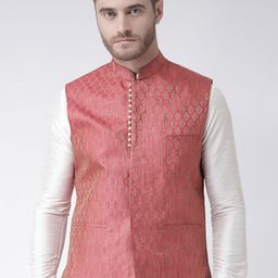 DEYANN Men Red Woven Design Nehru Jacket-picture-32
