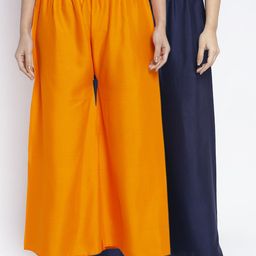 GRACIT Women Orange & Navy Blue Solid Wide Leg Palazzos-picture-5