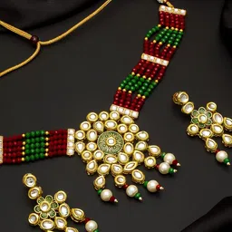 aadita Gold-Plated Red & Green Kundan-Studded Beaded Handcrafted Jewellery Set-picture-19