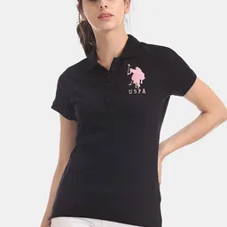 U.S. Polo Assn. Women Women Black Solid Polo Collar T-shirt-picture-40