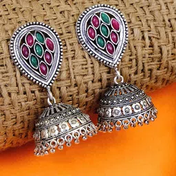 Crunchy Fashion Oxidized Silver-Plated Pink & Green Studded Dome Shaped Jhumkas-picture-14