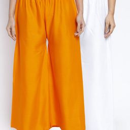 GRACIT Women White & Orange Set of 2 Solid Flared Palazzos-picture-7