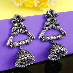 Crunchy Fashion Oxidized Silver-Plated Black Studded Dome Shaped Jhumkas-image-6