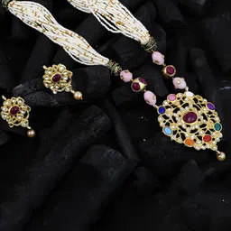 Silvermerc Designs Gold-Plated Cream-Coloured & Pink Stone-Studded Beaded Handcrafted Enameled Navratana Jewellery Set-picture-39