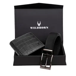 WildHorn Men Black RFID Protected Genuine Leather Accessory Gift Set-image-44