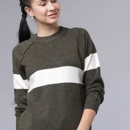 Tokyo Talkies Women Olive Green & White Colourblocked Pullover Sweater-image-34