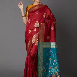 Mitera Maroon & Blue Silk Blend Woven Design Kanjeevaram Saree-picture-16