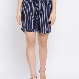 Oxolloxo Women Navy Blue Striped Regular Fit Regular Shorts-picture-22