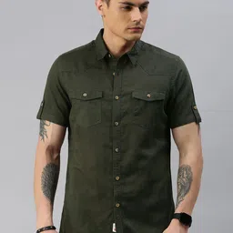 The Roadster Lifestyle Co Men Olive Green Regular Fit Solid Linen Cotton Casual Shirt with Flap Pockets-image-49
