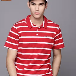 Columbia Men Red & Off White Striped Polo Collar Dry Tech Slim Fit Hiking T-shirt-picture-10