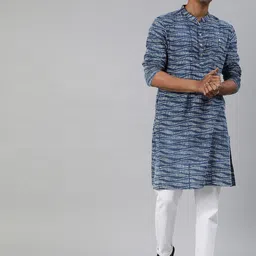 THE BEAR HOUSE Men Blue Thread Work Butta Cut Handloom Organic Cotton Kurta-image-30