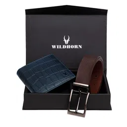 WildHorn Men Blue & Brown RFID Protected Genuine Leather Accessory Gift Set-image-76