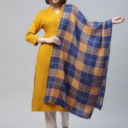 MODARTA Blue & Yellow Handwoven Plaid Check Pashmina Shawl-picture-11
