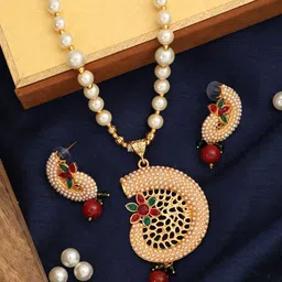 ANIKAS CREATION Gold-Plated Off-White & Red Stone-Studded Pearls Handcrafted Jewellery Set-picture-20