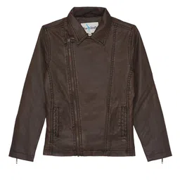 Blue Giraffe Girls Brown Solid Asymmetric Closure Biker Jacket-picture-29