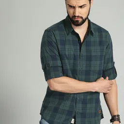 Roadster Men Navy Blue & Green Summer Check Sustainable Casual Shirt-image-14