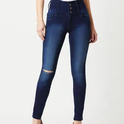 Miss Chase Women Navy Blue Skinny Fit High-Rise Slash Knee Stretchable Jeans-picture-38