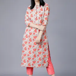 Vishudh Women Grey & Orange Printed Straight Kurta-image-32