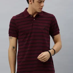 Nautica Men Burgundy & Navy Blue Striped Polo Collar Pure Cotton Slim Fit T-shirt-picture-19