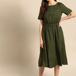 ether Women Olive Green Solid A-Line Dress-picture-17