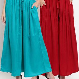Clora Creation Women Pack Of 2 Turquoise Blue & Red Solid Wide Leg Palazzos-picture-16