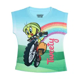 Looney Tunes Girls Blue and Green Printed Top-image-0