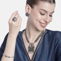 AITIHYA Silver-Plated Oxidised Jewellery Set-image-12