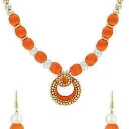 AKSHARA Gold-Plated Orange & White Stone-Studded & Beaded Handcrafted Jewellery Set-image-7