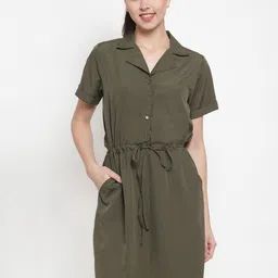 Color Cocktail Women Olive Green Solid Shirt Dress-picture-35