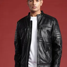 Leather Retail Men Quilted Detail Leather Biker Jacket-picture-21