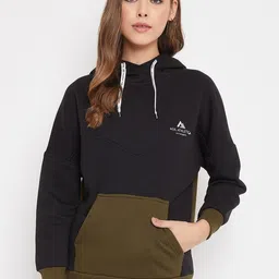 AGIL ATHLETICA Women Black & Olive Green Colourblocked Hooded Sweatshirt image 1