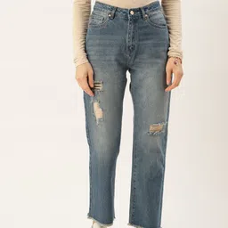 Madame Women Straight Fit High-Rise Mildly Distressed Pure Cotton Jeans-picture-31