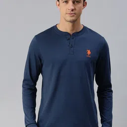 U.S. Polo Assn. Men Navy Blue Solid Pure Cotton Henley Neck Lounge T-shirt image 1