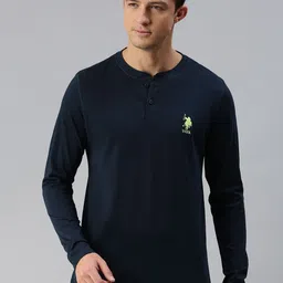 U.S. Polo Assn. Men Navy Blue Solid Pure Cotton Henley Neck Lounge T-shirt image 1