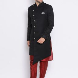 Hangup Men Black & Red Solid Sherwani Set-picture-11