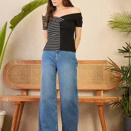 Uptownie Colorblock Striped Off Shoulder Ribbed Top-image-8