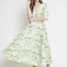 Sera Women  Sea Green & Yellow Floral Print Maxi Dress-image-41