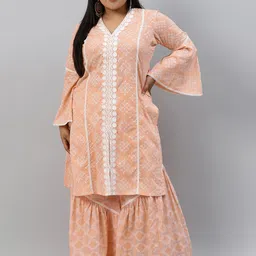 EXTRA LOVE BY LIBAS Women Plus Size Peach-Coloured Printed Cotton Kurta with Sharara image 1