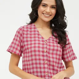 Harpa Maroon Checked Shirt Style Top-picture-13