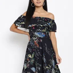 THREAD MUSTER Women Black & Green Tropical Printed A-Line Dress-picture-37