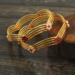 Jewar Mandi Set Of 2 Red & White Gold-Plated Stones & Beads Studded Bangle Set-picture-22
