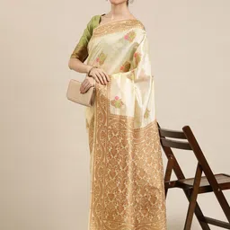 Saree mall Cream-Coloured & Green Ethnic Motifs Silk Blend Kasavu Sarees-image-65