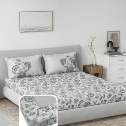 DDecor Grey & Blue Floral Printed Cotton Fitted 145 TC King Bedsheet Set 1.82 m X 1.98 m-picture-34