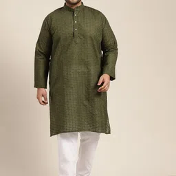 SOJANYA PLUS Size Men Olive Green Geometric Embroidered Pure Cotton Kurta-picture-3