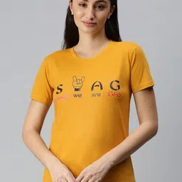 BRATMA Women Mustard Yellow & Black Typography Printed T-shirt-picture-30