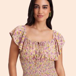 20Dresses Beige Floral Printed Flutter Sleeve Smocked Fitted Top-picture-7