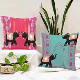 STITCHNEST Pink & Blue Set of 2 Ethnic Motifs Square Cushion Covers-picture-9