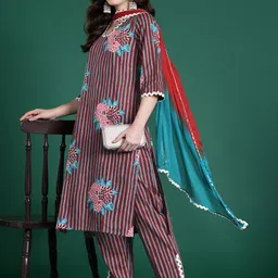 Indo Era Floral Striped Pure Cotton Kurta with Trousers & Dupatta-picture-35
