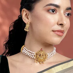 Peora Women Gold-Plated Beaded Choker Necklace with Earrings-picture-13